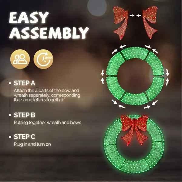 48in Pre-Lit Christmas Wreath - 315 LED Outdoor Decoration with Red Bow & Timer Remote - DropOnline.co