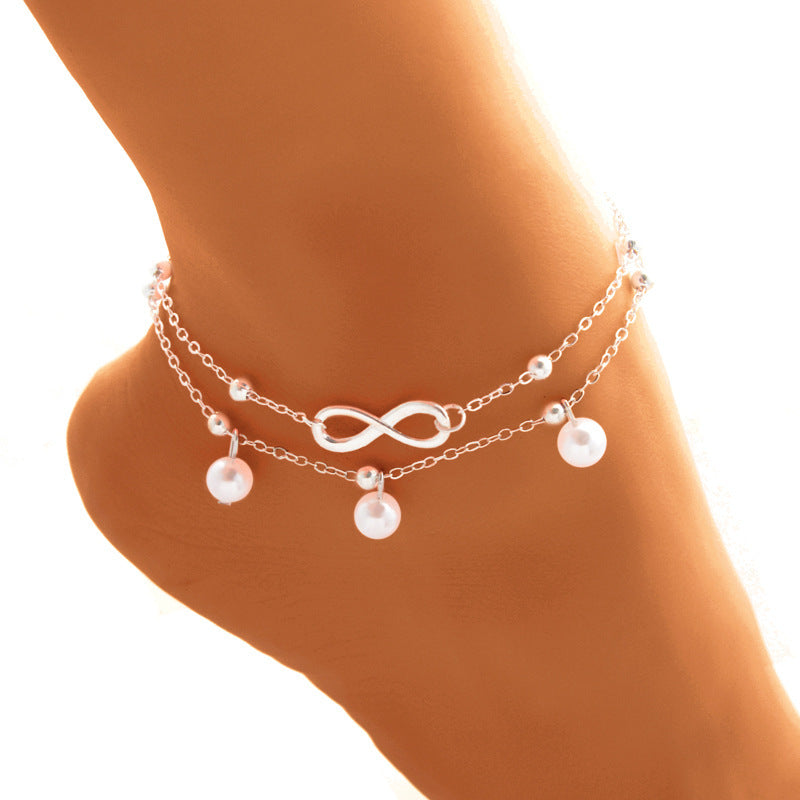 Women's Alloy Anklet with 8-Shaped Double-Layer Pearls - Infinity Symbol Ankle Bracelet - DropOnline.co