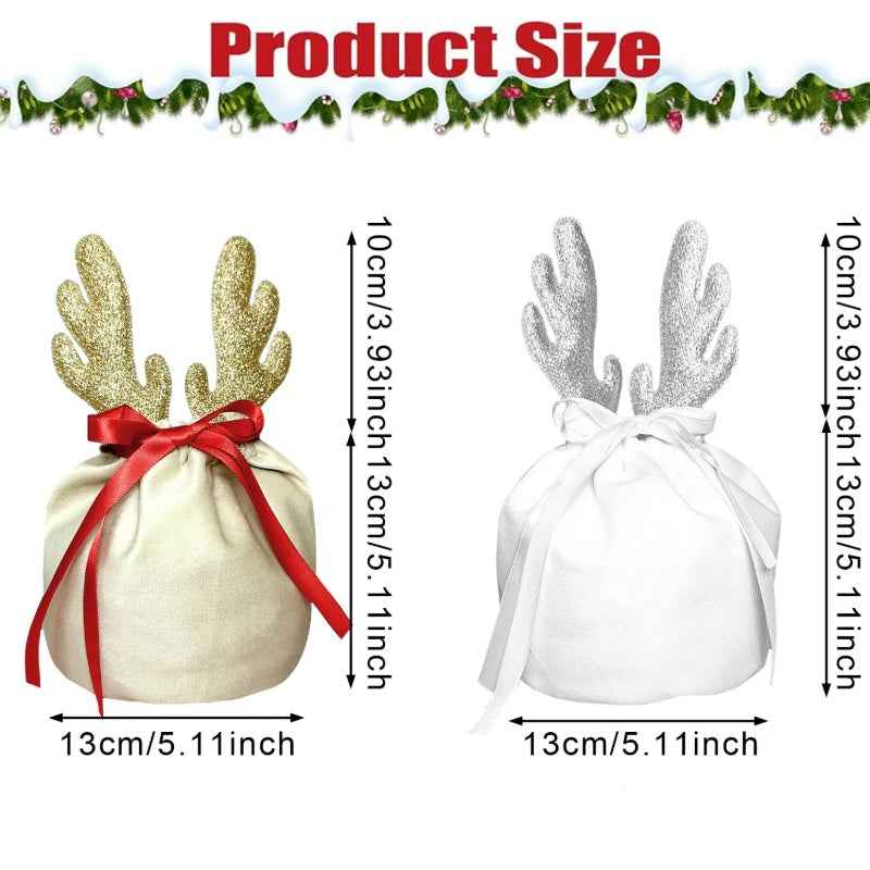 5Pcs Christmas Antler Gift Bags with Drawstring - Flannel Reusable Pouches - DropOnline.co