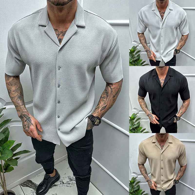 Men's Solid Color Short Sleeve Cardigan Shirt - Casual Button-Up