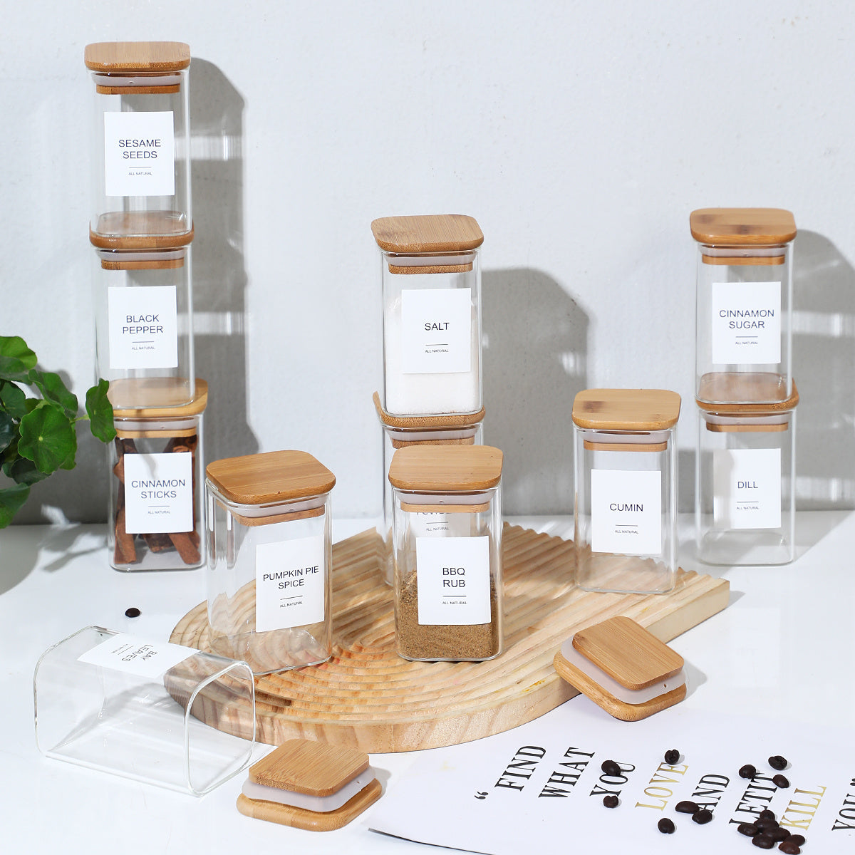 12 Pcs Square Spice Jars With 72 Stickers, Kitchen Pepper Jars For Salt Seasoning, Snacks, Tea, Coffee - DropOnline.co