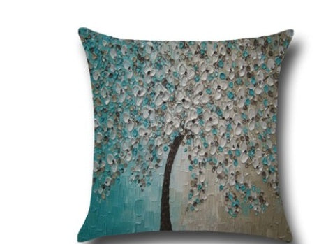 Three-dimensional Oil Painting Trees Flowers Cotton Cushion Cushion Pillowcase Car Waist Cushion Cover - DropOnline.co