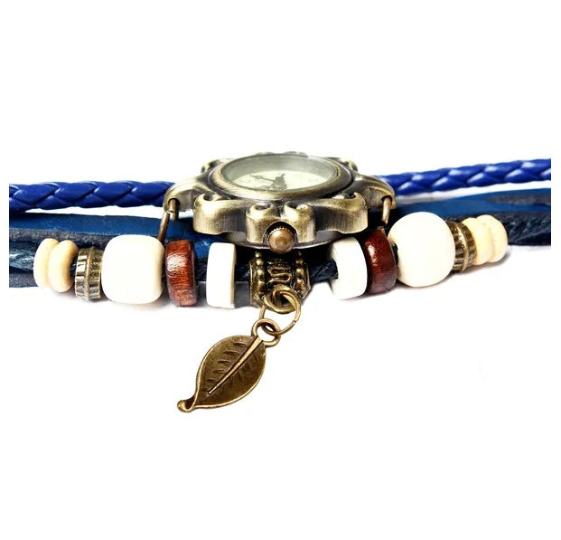 Beautiful Bohemian Style Retro Handmade Leather Tree Leaf Women's Watches Blue - DropOnline.co