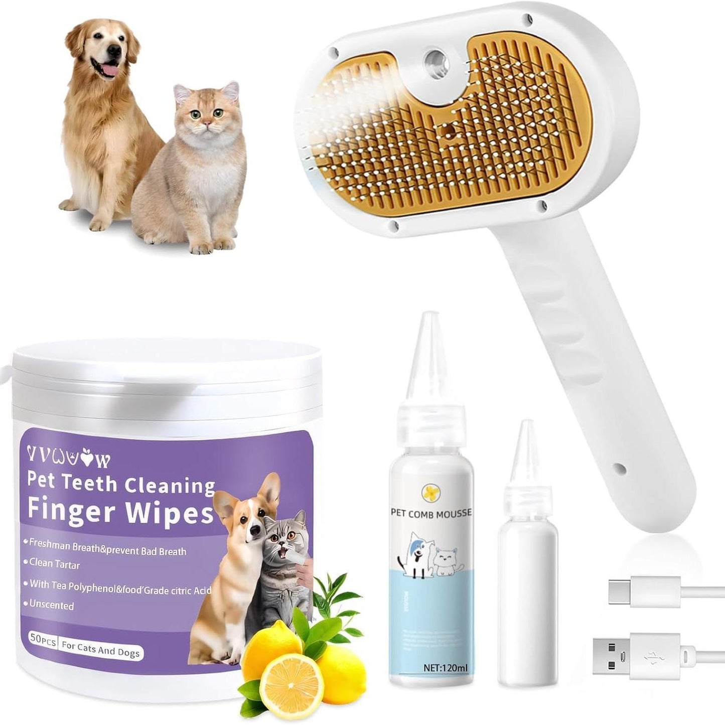 Universal Pet Steam Brush For Cats And Dogs 3-in-1 Spray Hair Removal Comb With Waterless Shampoo And Ear Towel,Tiktok, Amazon, Walmart Banned - DropOnline.co
