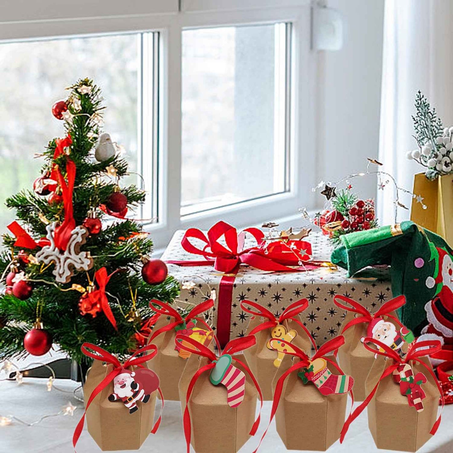 24 Pcs Christmas Treat Boxes with Cards & Ribbon - Xmas Tree Santa Kraft Paper - DropOnline.co