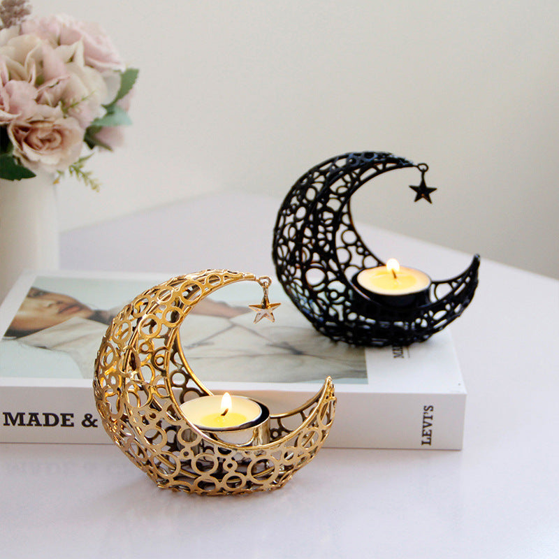 Light Luxury Crescent Moon Star Moon Black Gold Metal Candle Holder Modern Romantic Wedding Christmas Candle Cup Home Decor - DropOnline.co