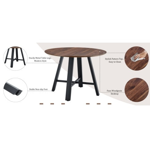 Modern Minimalist Round Dining Table And Coffee Table. 42 Inch Diameter MDF Table Top, Deep Wood Grain Table Top, Black Metal Legs, Fits Home & Office F-1172 - DropOnline.co