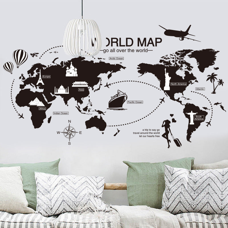 Black World Map Wall Sticker Bedroom Office Artistic Background Removable PVC Muurstickers Home Decor Kids Room Decoration - DropOnline.co