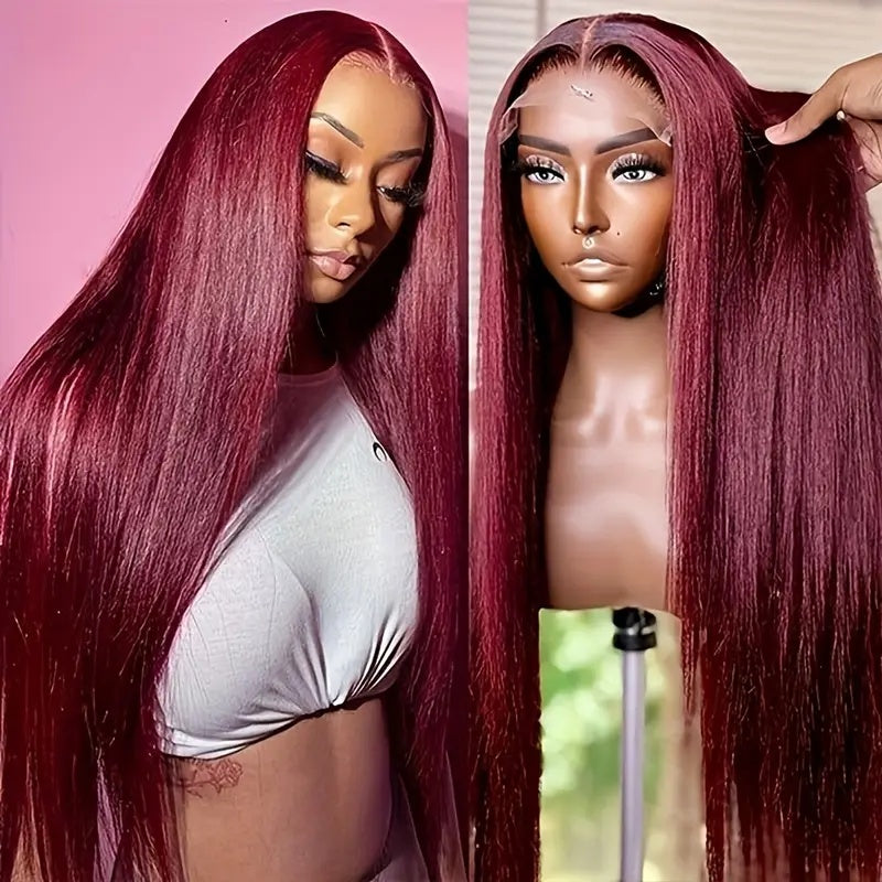 High Temperature Resistant Burgundy Long Straight Lace Non-toxic Wig, Pre-dial Hairline, Non-adhesive, Heat-resistant Synthetic Fiber, - DropOnline.co