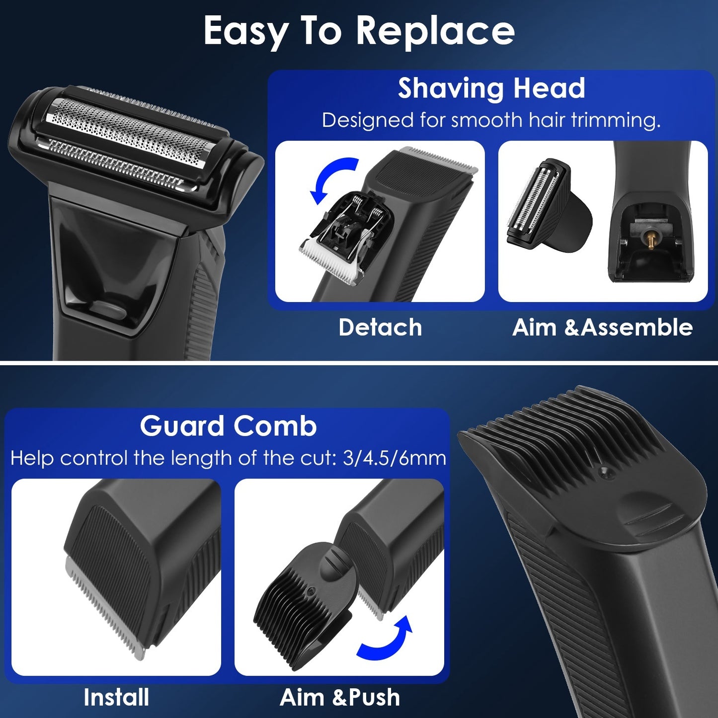 1Pc 2 In 1 Electric Body Trimmer For Men Cordless Beard Groin Ball Pubic Hair Shaver IPX7 Waterproof Razor With LED Light LCD Display Guard Comb Shaving Head - DropOnline.co