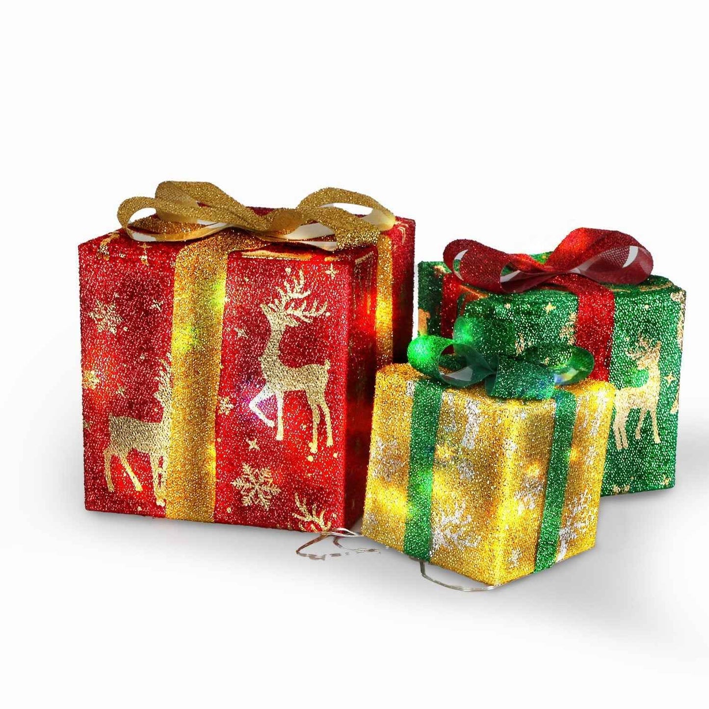 Set of 3 Christmas Lighted Gift Boxes - 50 LED Star/Deer Pattern IP44 Waterproof - DropOnline.co