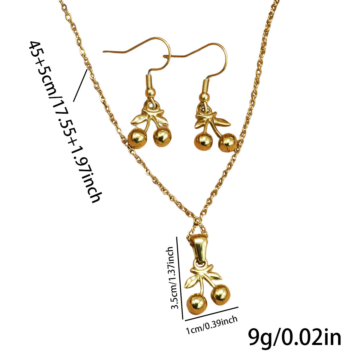 Lxalry 18K Gold Plated Stainless Steel Cherry Pendant Necklace And Earrings Set For Women - Cute Minimalist Jewelry For Daily Wear, Gifts, Summer Parties, And Anniversaries - Waterproof & Hypoallergen - DropOnline.co