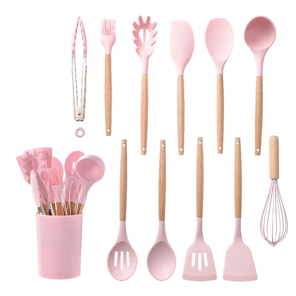 Silicone Cooking Utensils Set with Wooden Handles, Non-Stick Safe, 30-Piece