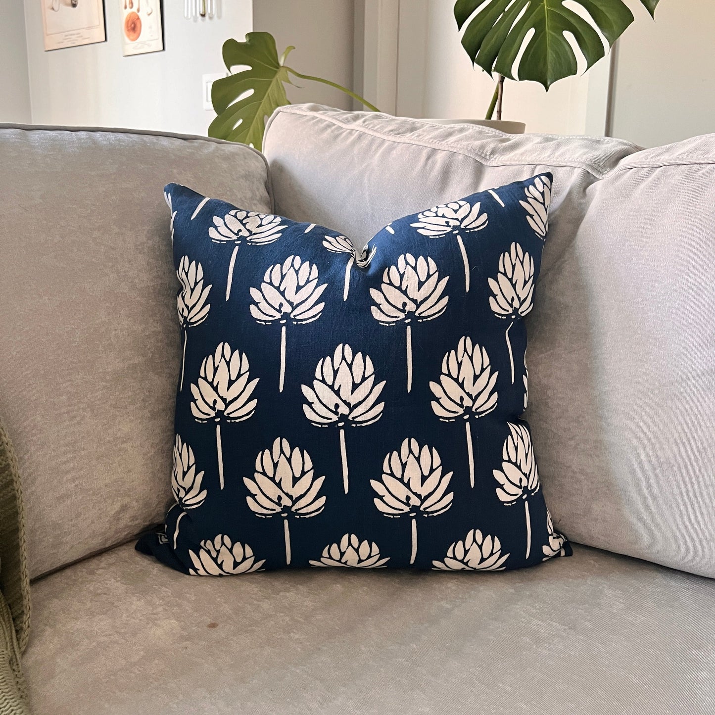 Lotus Bloom - Pure Linen Throw Pillow Cover - Navy Blue
