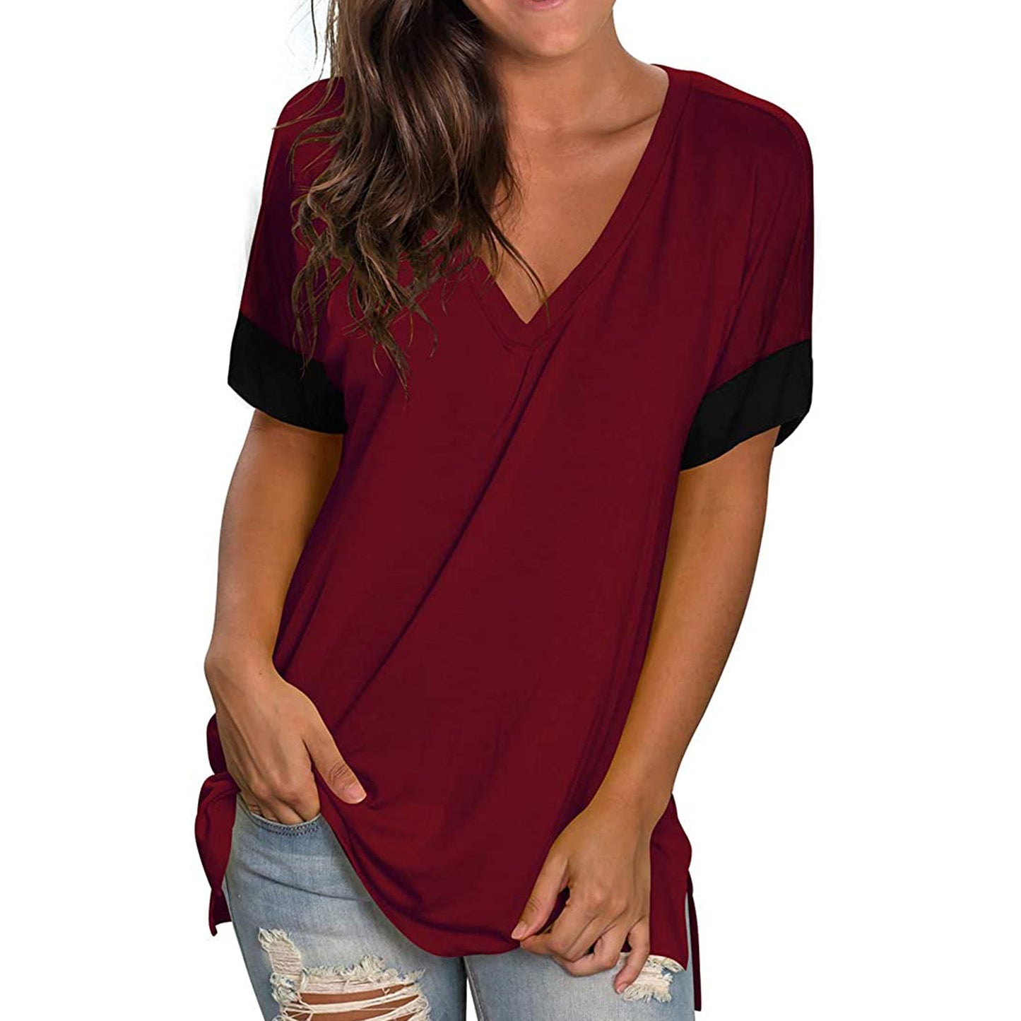 Women's V-Neck Short Sleeve Base Shirt — Solid Color Stitching Casual Top