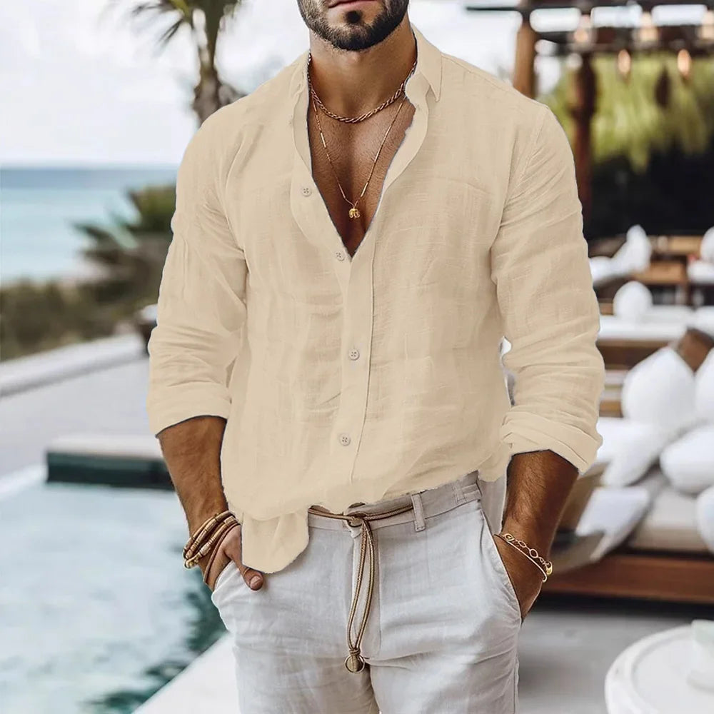 Men's Cotton Linen Beach Style Button Shirt — Solid Color Breathable Lightweight Top