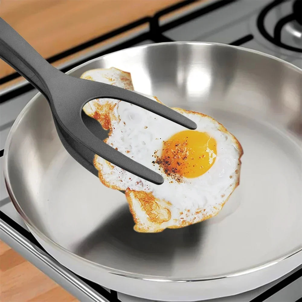 2-in-1 Nylon Flip Tongs with Egg Spatula & Steak Turner – Pancake & Cooking Clamp