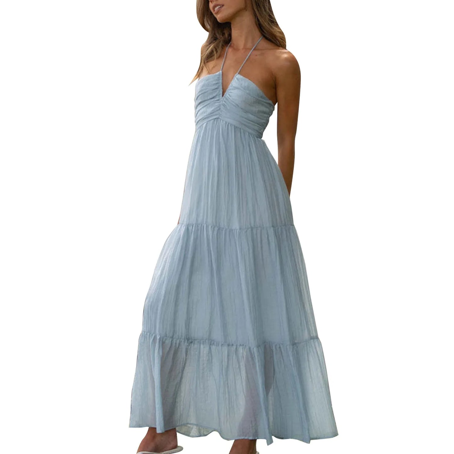Women's Spaghetti Strap V-Neck Long Chiffon Dress — Off Shoulder Casual Maxi
