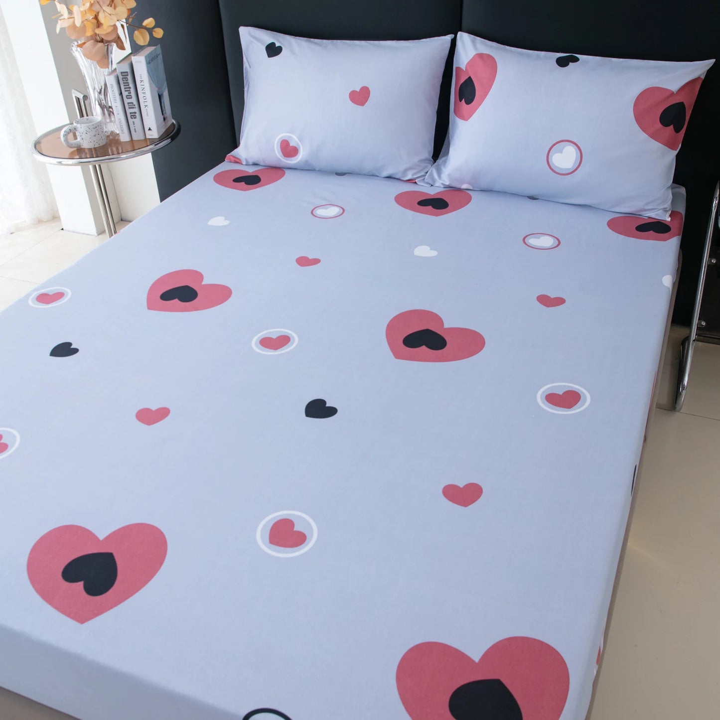 Active Printed Fitted Sheet, 1 Piece, Heart-Patterned Mattress Cover (Pillow Insert and Pillowcase Not Included), Simple Style Polyester Fiber Rectangular 3D Dirt-Resistant Mattress Protector, Polyester Five-Sided Patterned F