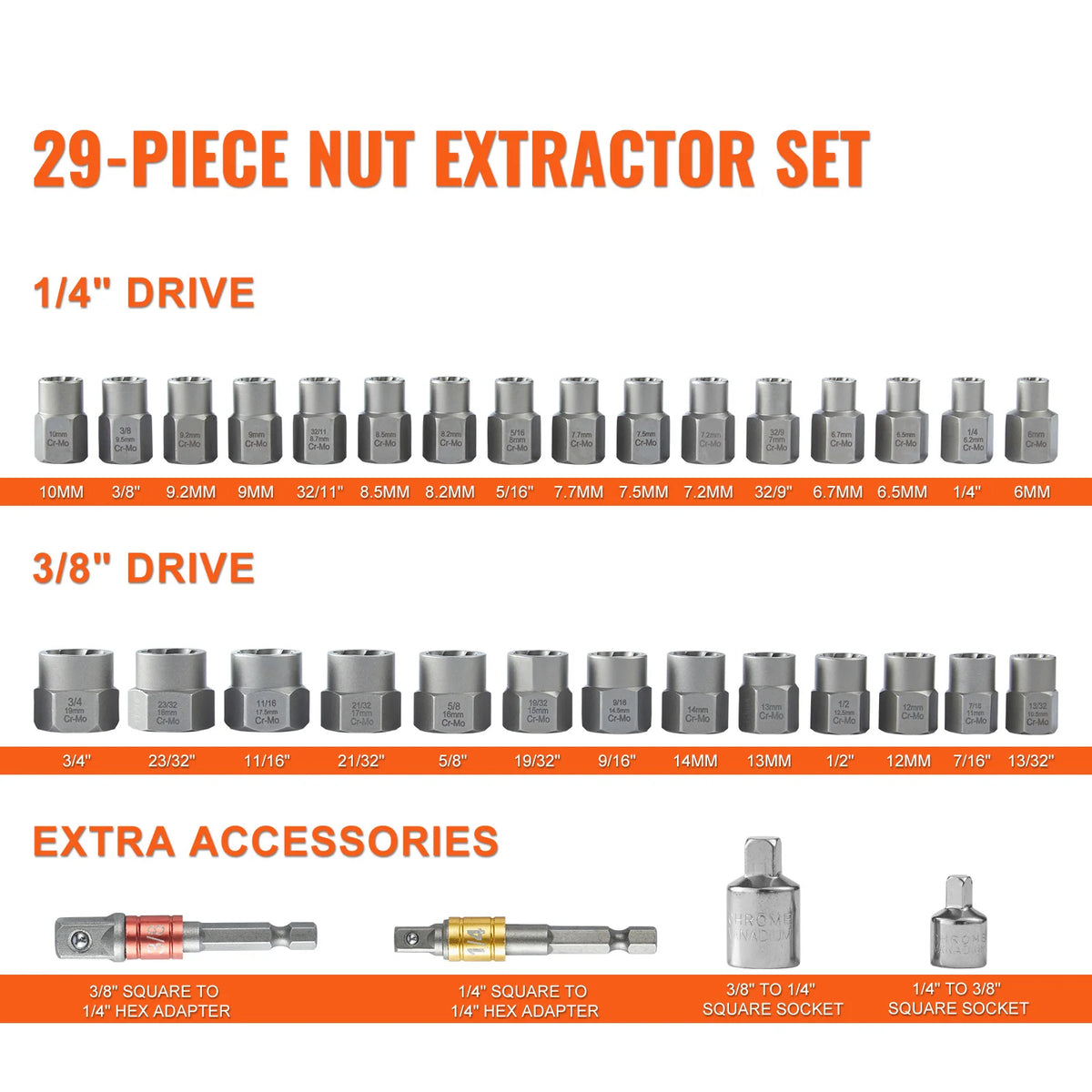 Bolt Extractor Set Bolt and Nut Remover Set 6mm to 10mm 13/32" to 3/4" CR-MO Steel Extraction Socket Set