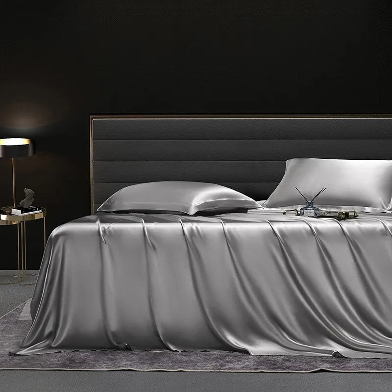 Solid 4pcs Silk Bedding Set with Duvet Cover Fitted/Flat Bed Sheet Pillowcase Bedspreads and Coverlets Single Double Bedsheet