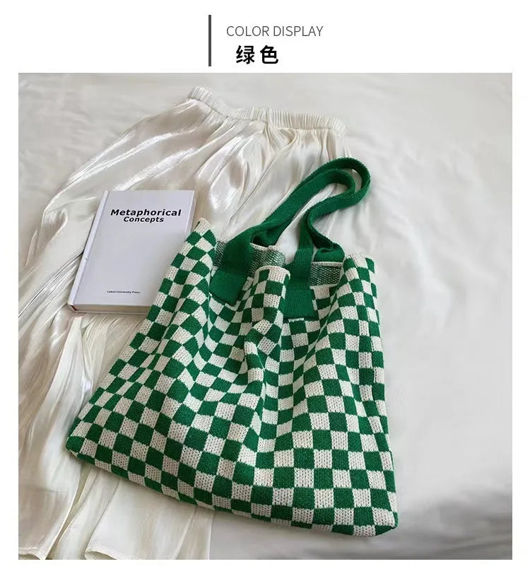 Plaid Wool Knitted Tote Bag, Color-Matched Design