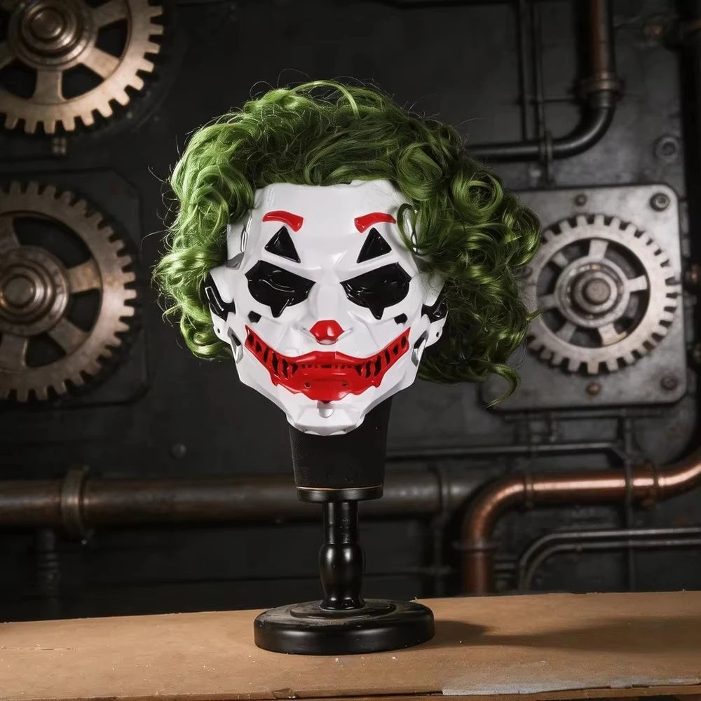 Cyberpunk Clown Mask with Green Hair Halloween Party Masquerade Costume Prop Scary Cosplay Accessories for Adults