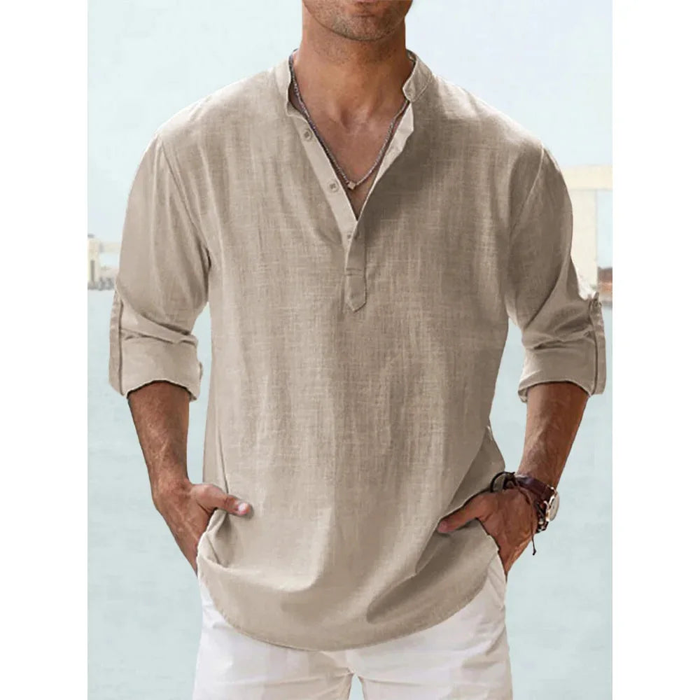 Men's Cotton Linen Long Sleeve Henley Beach Shirt — Solid Color Hawaiian Vacation Top
