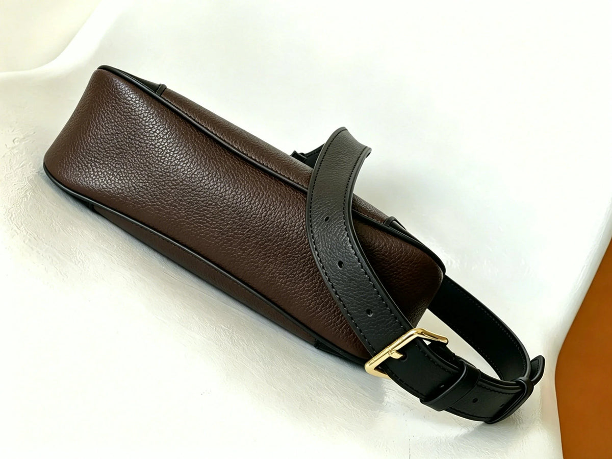 Brown Pebbled Leather Mini Bucket Bag, Black Trim