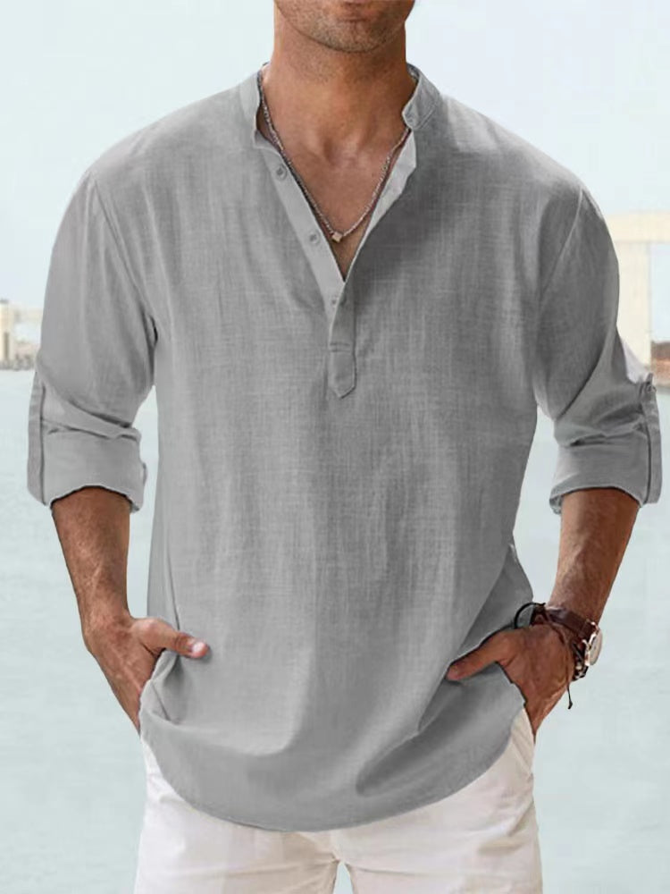 Men's Cotton Linen Long Sleeve Henley Beach Shirt — Lightweight Hawaiian T-Shirt