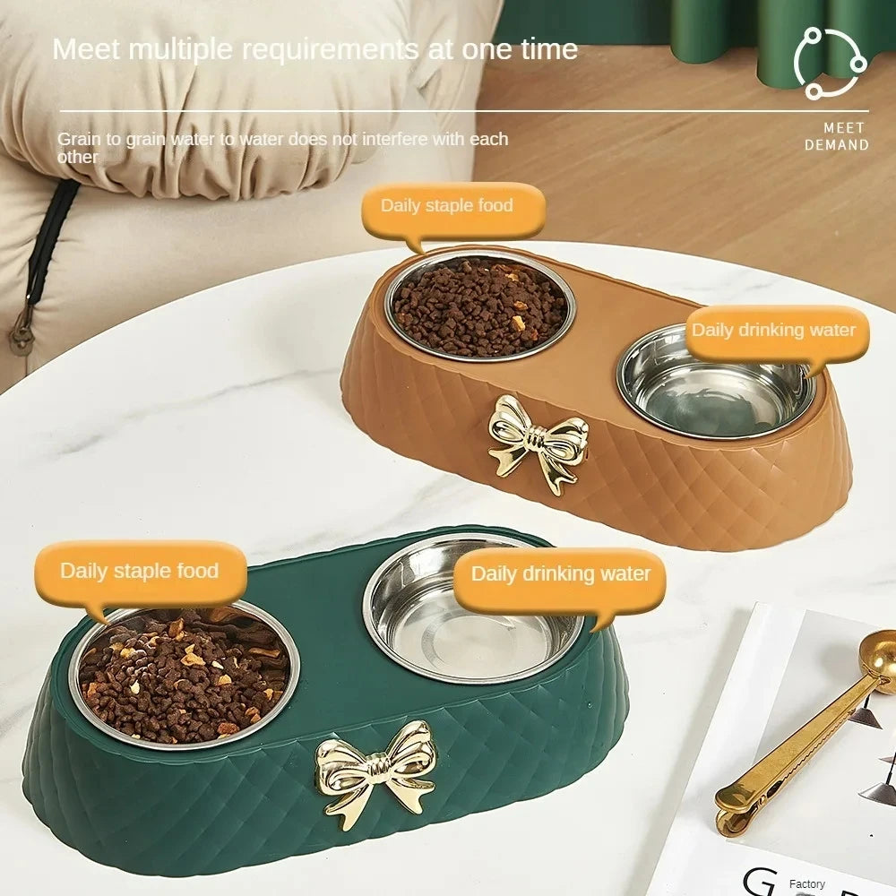 Bow-tie Ceramic Double Pet Bowl – Stainless Steel Food & Water Feeder for Dogs & Cats