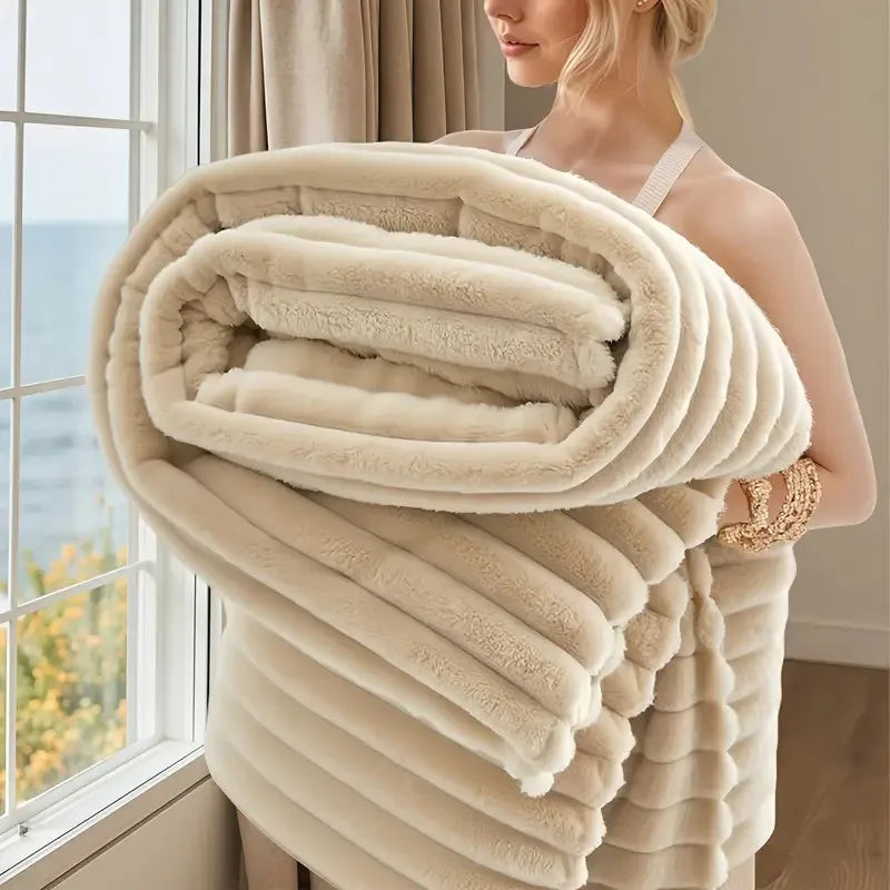 Local warehouse Striped Flannel Fleece BlanketUltra-Soft, Lightweight,Fur Rabbit Blanket 3Lbs,BEST PRICE IN US