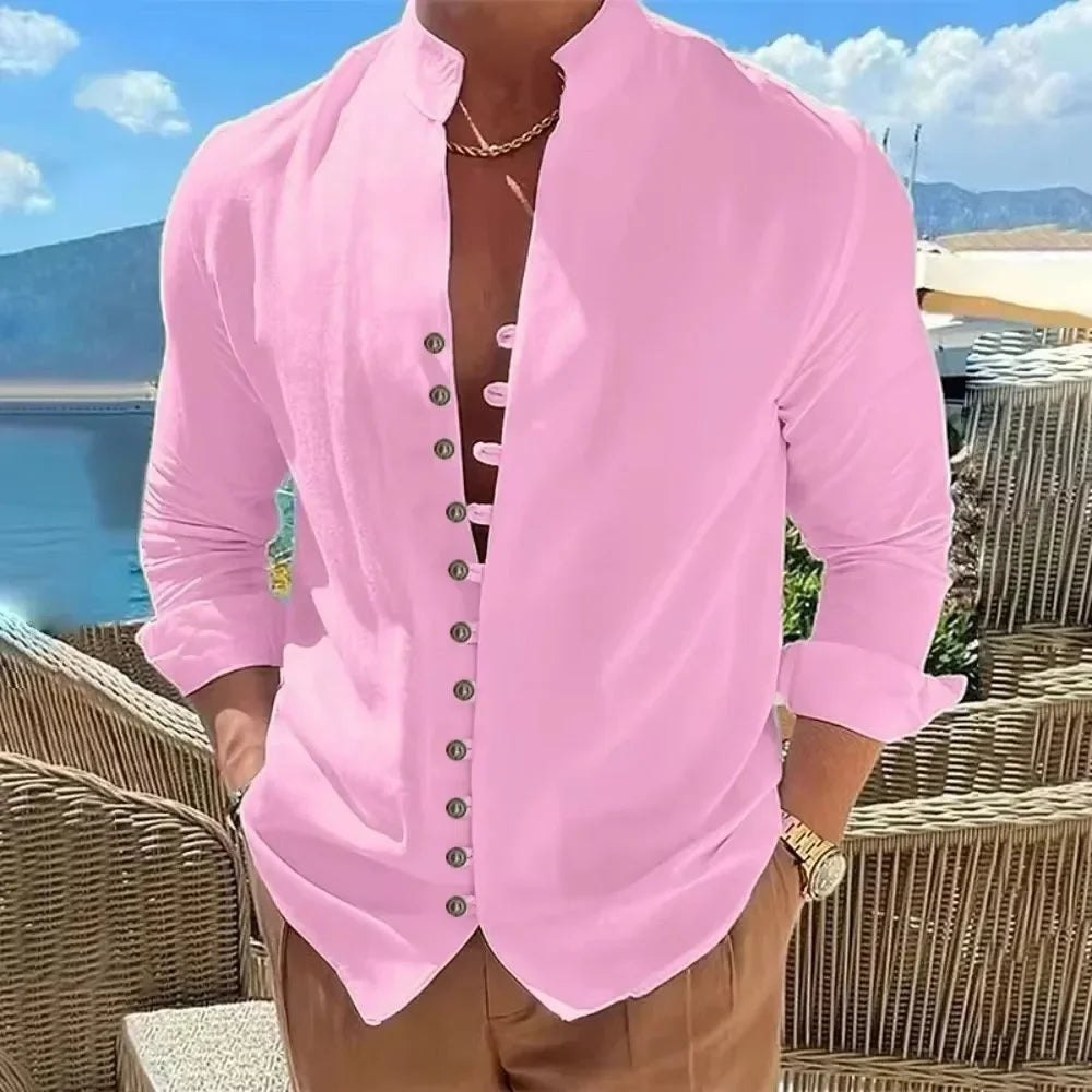 Men's Cotton Linen Shirt — Long Sleeve Button-Up Solid Color Plus Size Casual Top