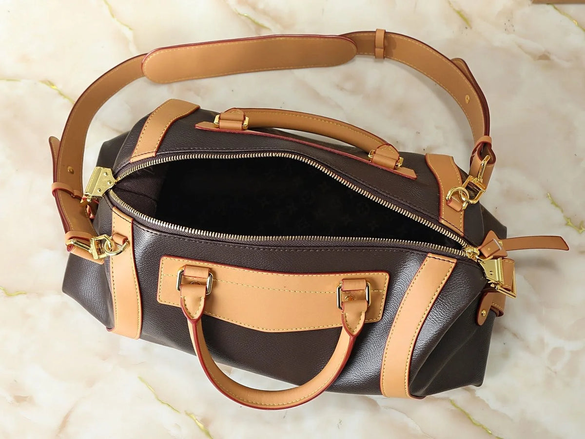 Dark Brown Pebbled Leather Boston Duffle Bag