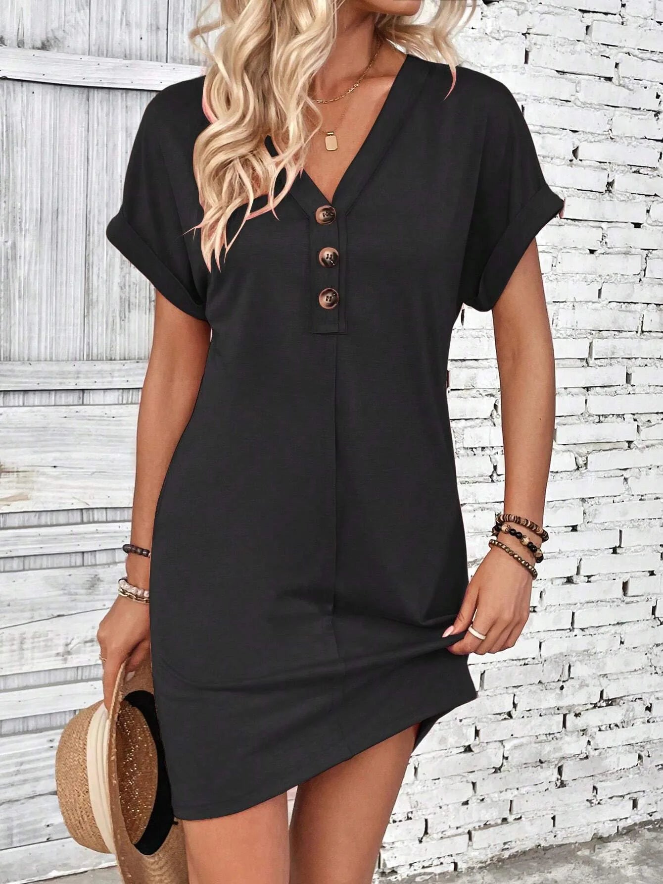 Women's V-Neck Button Down Mini Dress — Casual Summer Beach Party Dress