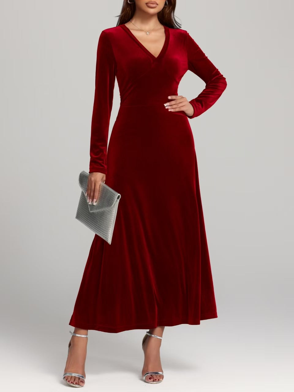 V-neck Long Sleeve Evening Dress Pleuche Dress