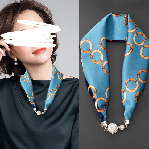 Magnetic Buckle Silk Scarf with Pearl Necklace - Women's Fashion Accessory - DropOnline.co