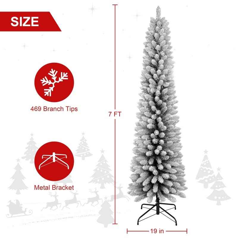 PVC Flocked Pencil Christmas Tree - 6ft-7ft Slim Snow-Covered Design