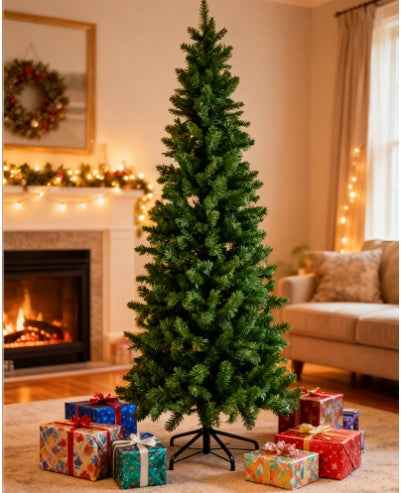 Pencil Christmas Tree, Prelighted Artificial Slim Christmas Trees With 250 Incandescent Lights, 571 Branch Tips & Foldable Base