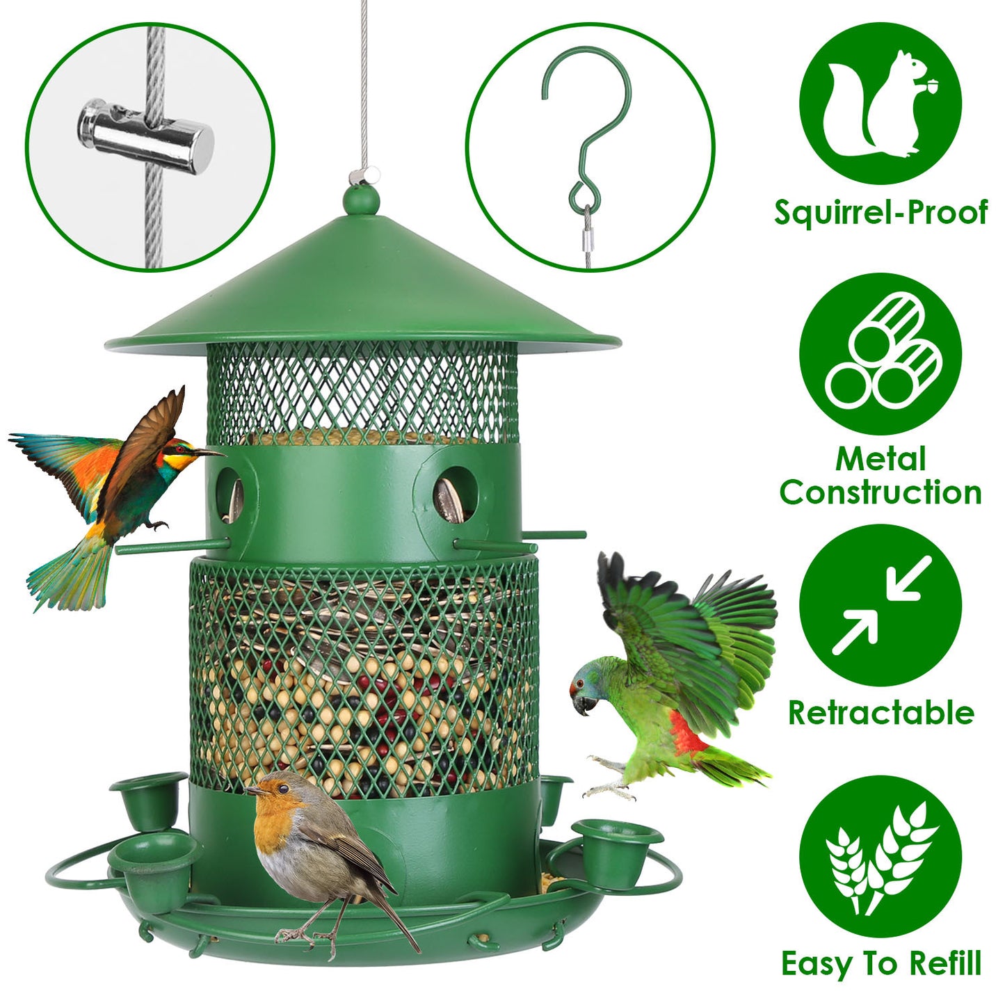 1Pc Wild Bird Feeder Squirrel-Proof Chew-Proof Metal Bird Seed Feeder Outdoor Hanging Bird Feeder With 360 Degree Circular Perches Water Cups For Yard Garden Patio - DropOnline.co