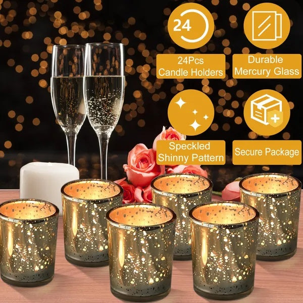 24Pcs Gold Votive Tealights Candle Holders Mercury Glass Shinny Candle Holders For Wedding Birthday Party Home Decoration Table Centerpiece - DropOnline.co