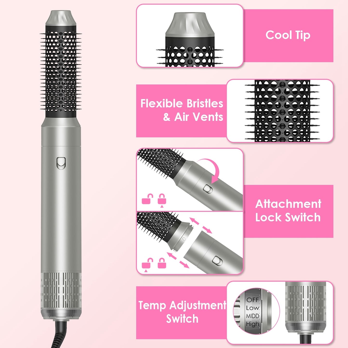 1Pc 6 In 1 Hot Air Styler Volumizer Straightener Curler Dryer Automatic Wrap Styler Hair Dryer Brush Set With 3 Temp Settings ALCI Plug Glove Cable Zip Tie - DropOnline.co