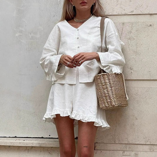 Fashionable Ruffle-Trim Shorts Casual Set