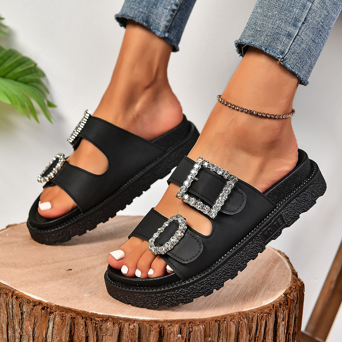 Fashion Rhinestone Belt Buckle Platform Sandals - DropOnline.co