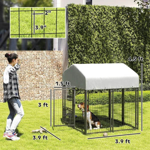 Welded Wire Outdoor Dog Kennel With Rotating & 4 Levels Adjustable Bowls - DropOnline.co