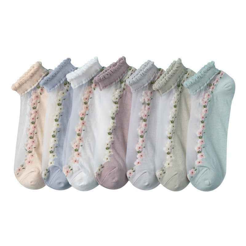 Women's Thin Spun Glass Lace Crystal Boat Socks - Delicate No-Show Socks