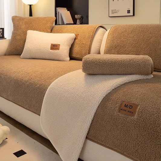 Lambswool Sofa Cushion Solid Color Non-slip Sofa Seat Cover - DropOnline.co