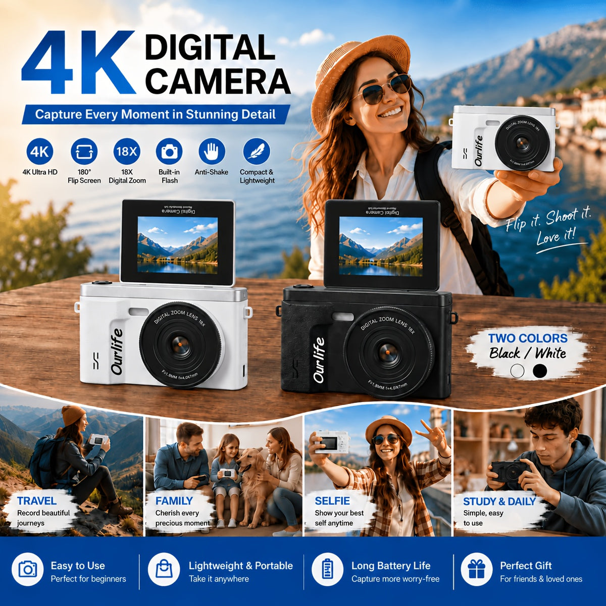 4K Digital Camera for Photography, 180° Flip Screen, 18X Digital Zoom Compact Point And Shoot Camera with Flash, Anti-Shake Portable Travel Camera for Daily Recording, Family, Beginners, And Students