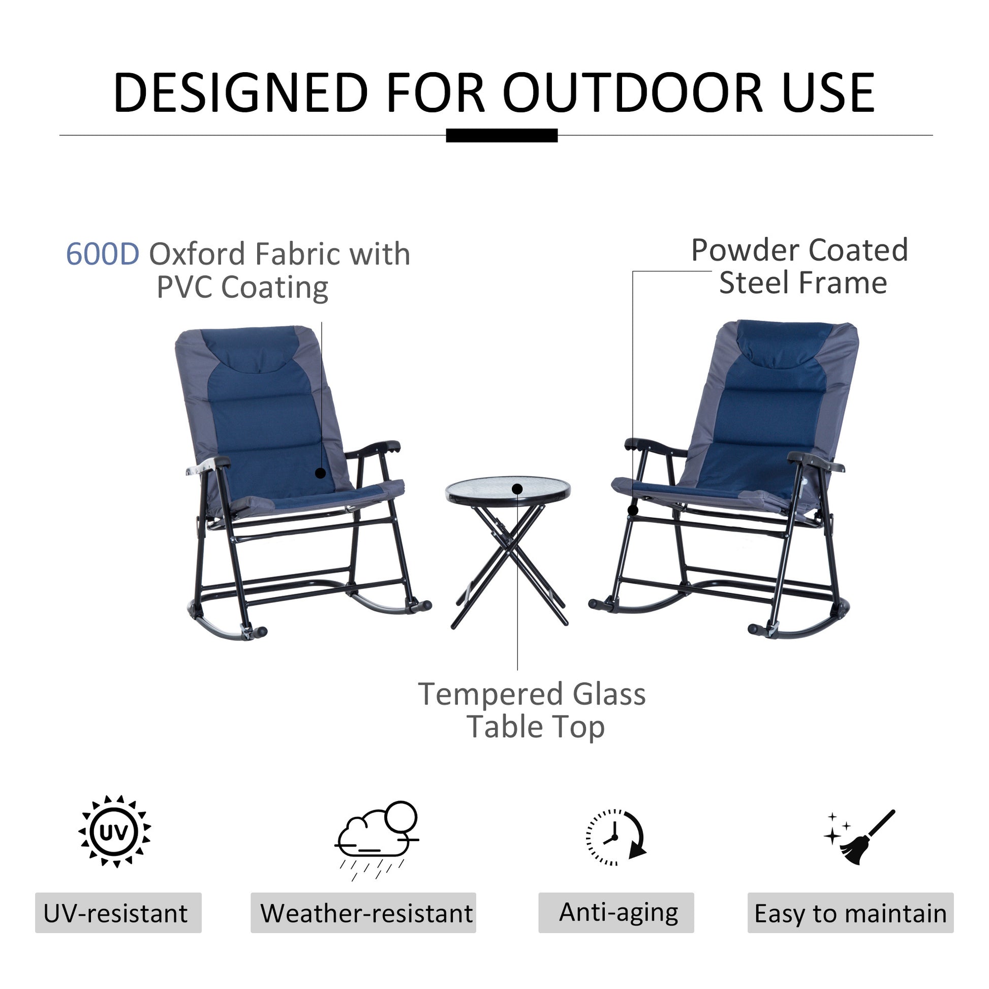 3 Piece Blue Rocking Bistro Set  Patio Chairs   Glass Coffee Table - DropOnline.co