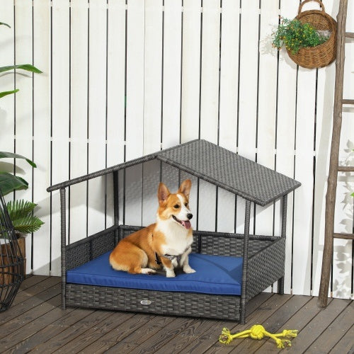 PawHut Wicker Dog House Outdoor With Canopy, Rattan Dog Bed With Water-resistant Cushion, For Small And Medium Dogs, Dark Blue - DropOnline.co